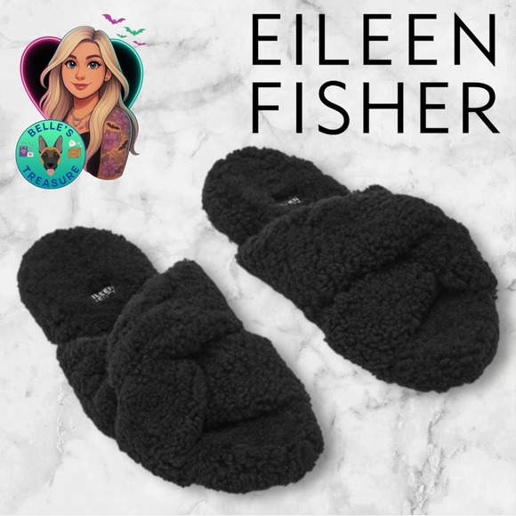 EILEEN FISHER Shoes Womens 7.5 Dello Shearling Slide Sandal Black Lamb Fur Slip - Picture 1 of 13